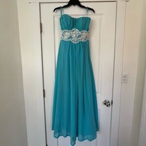 Elegant Blue Strapless Gown with Lace Detail